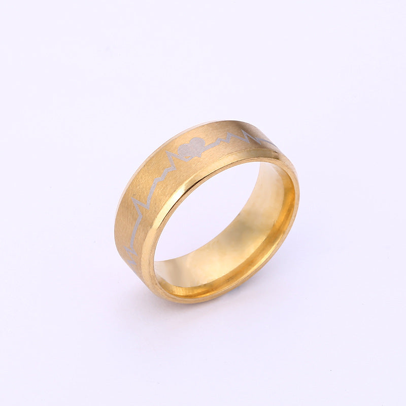 Titanium Steel EKG Heartbeat Pattern Ring, Anime Inspired Couple Matching Bands, Stainless Steel Jewelry, Hypoallergenic Unisex Promise Ring, Geometric Electrocardiogram Design, Durable Polished Finish, Gift for Boyfriend Girlfriend