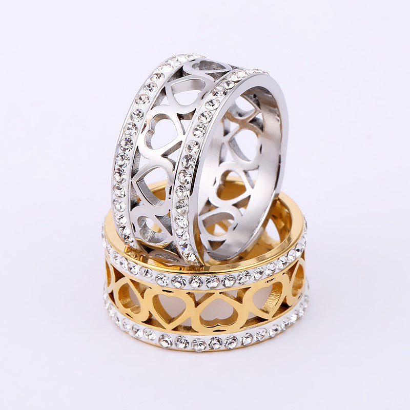 Stainless Steel Cutout Hollow Heart Ring with Inlaid Rhinestone, Titanium Steel Couple Wedding Band, Romantic Love Jewelry, Polished Finish, Hypoallergenic Engagement Promise Ring, Unique Design for Her