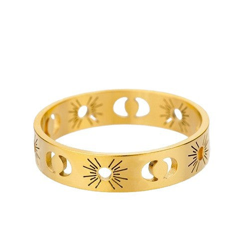 Fashionable titanium steel rings - cutout sun & moon design - gold-tone stainless steel couple jewelry