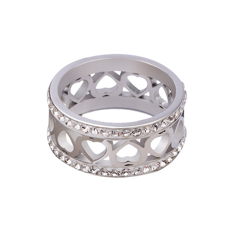 Stainless Steel Cutout Hollow Heart Ring with Inlaid Rhinestone, Titanium Steel Couple Wedding Band, Romantic Love Jewelry, Polished Finish, Hypoallergenic Engagement Promise Ring, Unique Design for Her