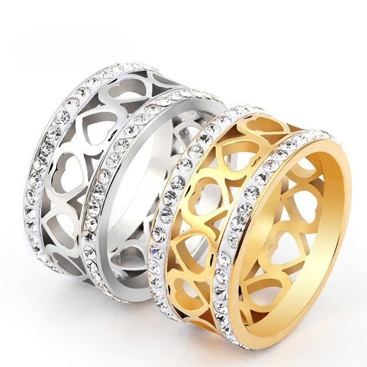 Stainless Steel Cutout Hollow Heart Ring with Inlaid Rhinestone, Titanium Steel Couple Wedding Band, Romantic Love Jewelry, Polished Finish, Hypoallergenic Engagement Promise Ring, Unique Design for Her