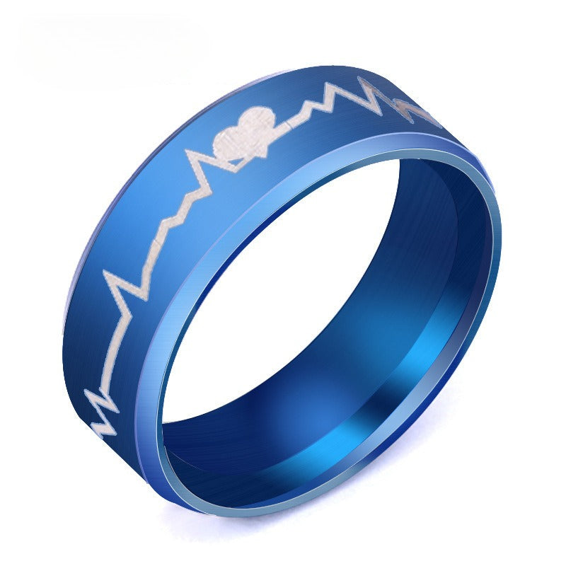 Titanium Steel EKG Heartbeat Pattern Ring, Anime Inspired Couple Matching Bands, Stainless Steel Jewelry, Hypoallergenic Unisex Promise Ring, Geometric Electrocardiogram Design, Durable Polished Finish, Gift for Boyfriend Girlfriend