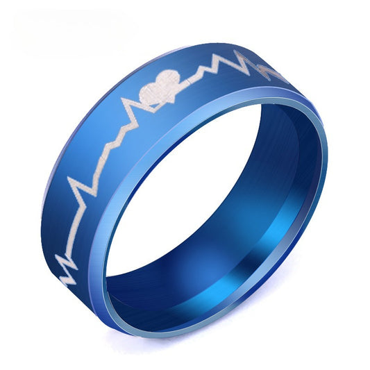 Titanium Steel EKG Heartbeat Pattern Ring, Anime Inspired Couple Matching Bands, Stainless Steel Jewelry, Hypoallergenic Unisex Promise Ring, Geometric Electrocardiogram Design, Durable Polished Finish, Gift for Boyfriend Girlfriend