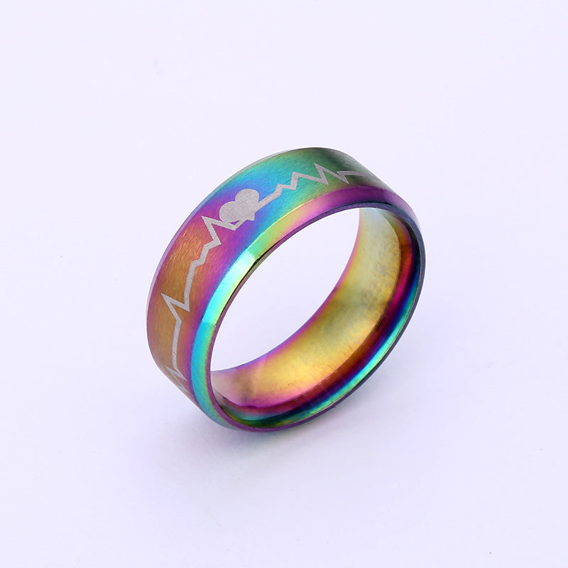 Titanium Steel EKG Heartbeat Pattern Ring, Anime Inspired Couple Matching Bands, Stainless Steel Jewelry, Hypoallergenic Unisex Promise Ring, Geometric Electrocardiogram Design, Durable Polished Finish, Gift for Boyfriend Girlfriend
