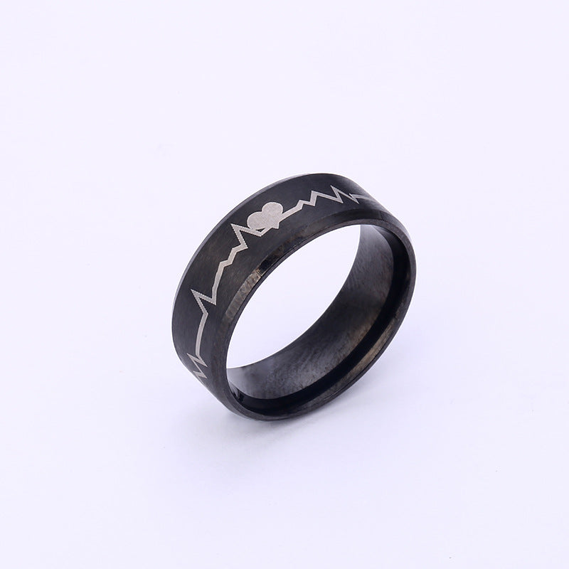 Titanium Steel EKG Heartbeat Pattern Ring, Anime Inspired Couple Matching Bands, Stainless Steel Jewelry, Hypoallergenic Unisex Promise Ring, Geometric Electrocardiogram Design, Durable Polished Finish, Gift for Boyfriend Girlfriend