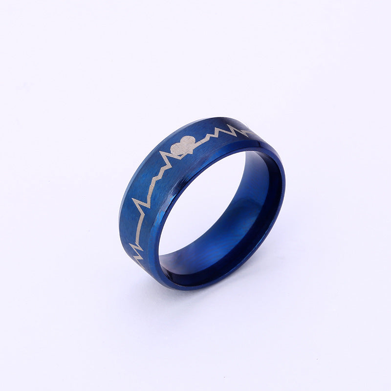 Titanium Steel EKG Heartbeat Pattern Ring, Anime Inspired Couple Matching Bands, Stainless Steel Jewelry, Hypoallergenic Unisex Promise Ring, Geometric Electrocardiogram Design, Durable Polished Finish, Gift for Boyfriend Girlfriend