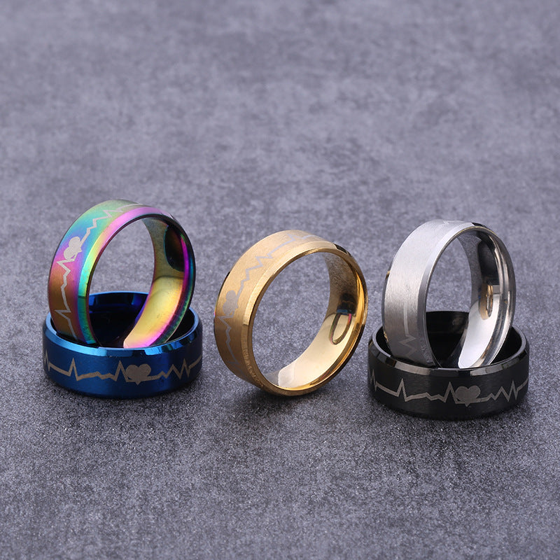 Titanium Steel EKG Heartbeat Pattern Ring, Anime Inspired Couple Matching Bands, Stainless Steel Jewelry, Hypoallergenic Unisex Promise Ring, Geometric Electrocardiogram Design, Durable Polished Finish, Gift for Boyfriend Girlfriend
