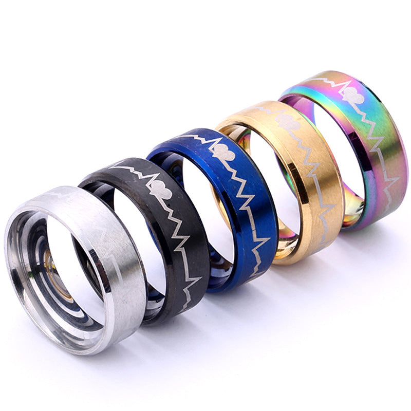Titanium Steel EKG Heartbeat Pattern Ring, Anime Inspired Couple Matching Bands, Stainless Steel Jewelry, Hypoallergenic Unisex Promise Ring, Geometric Electrocardiogram Design, Durable Polished Finish, Gift for Boyfriend Girlfriend