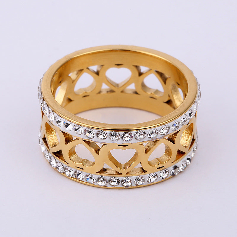 Stainless Steel Cutout Hollow Heart Ring with Inlaid Rhinestone, Titanium Steel Couple Wedding Band, Romantic Love Jewelry, Polished Finish, Hypoallergenic Engagement Promise Ring, Unique Design for Her