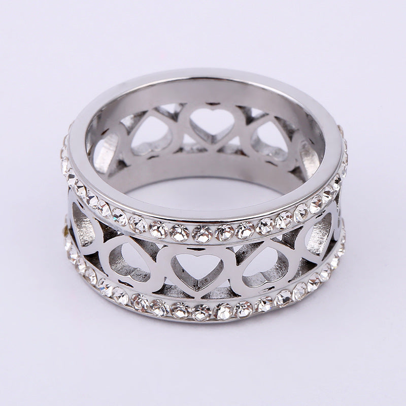 Stainless Steel Cutout Hollow Heart Ring with Inlaid Rhinestone, Titanium Steel Couple Wedding Band, Romantic Love Jewelry, Polished Finish, Hypoallergenic Engagement Promise Ring, Unique Design for Her