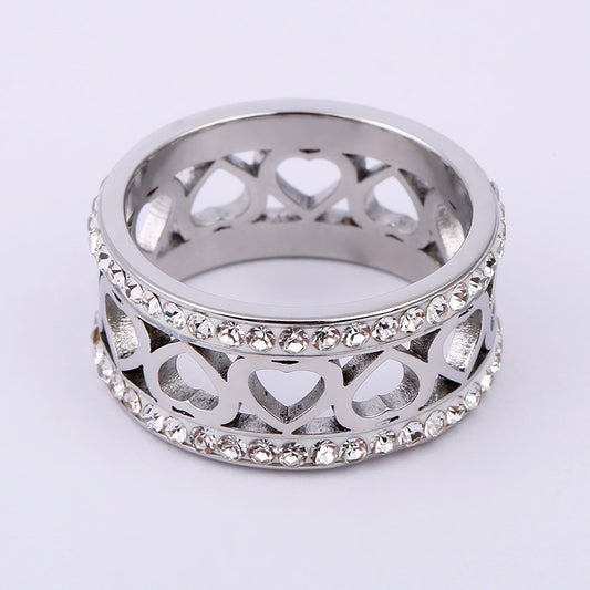 Stainless Steel Cutout Hollow Heart Ring with Inlaid Rhinestone, Titanium Steel Couple Wedding Band, Romantic Love Jewelry, Polished Finish, Hypoallergenic Engagement Promise Ring, Unique Design for Her