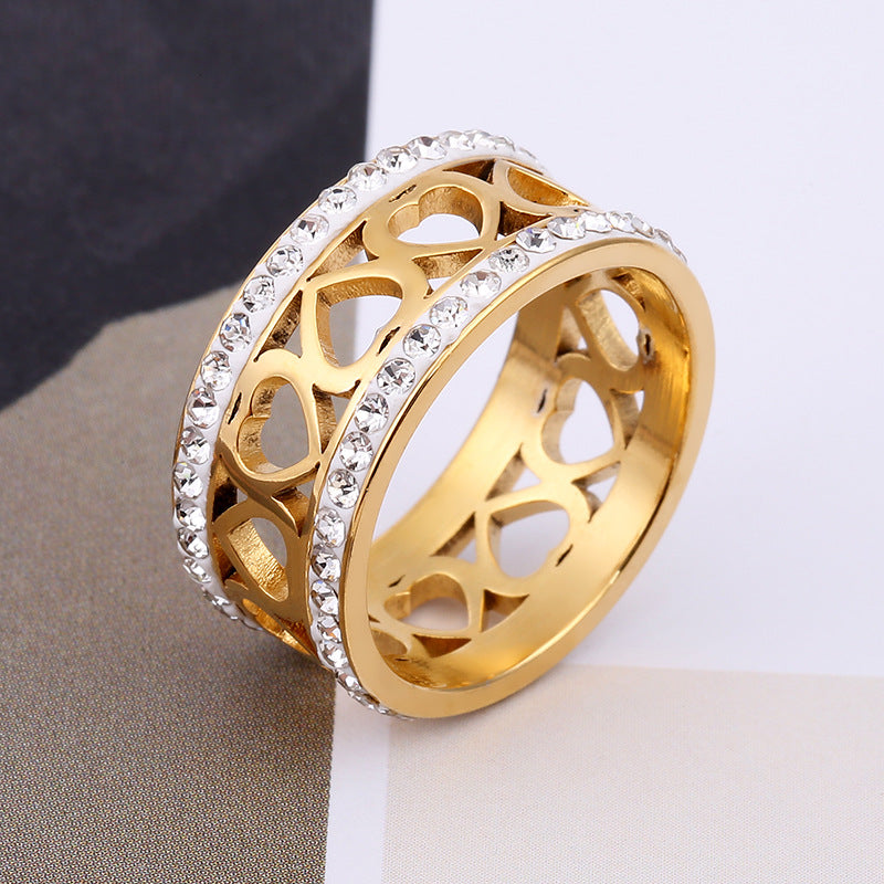 Stainless Steel Cutout Hollow Heart Ring with Inlaid Rhinestone, Titanium Steel Couple Wedding Band, Romantic Love Jewelry, Polished Finish, Hypoallergenic Engagement Promise Ring, Unique Design for Her