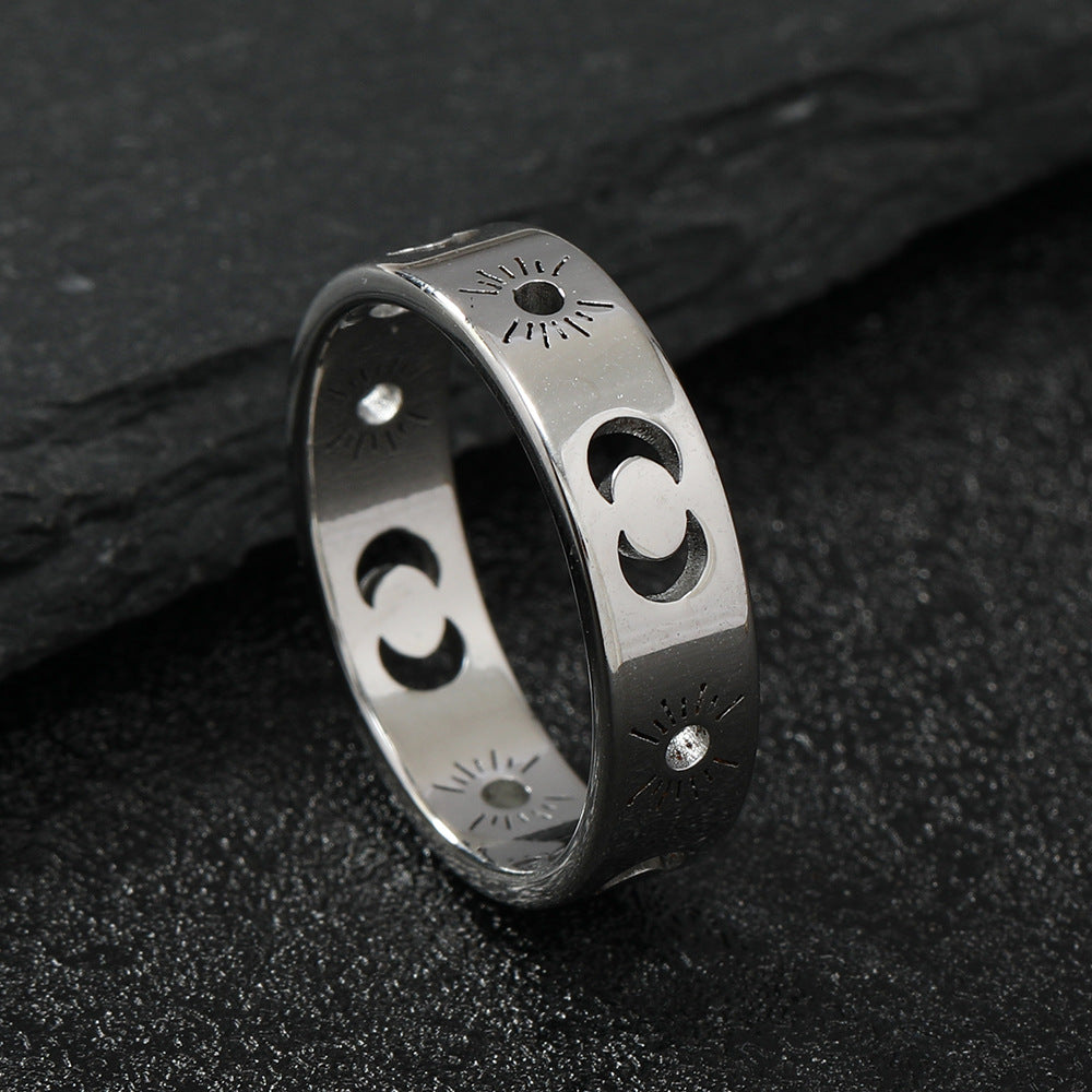 Fashionable titanium steel rings - cutout sun & moon design - gold-tone stainless steel couple jewelry