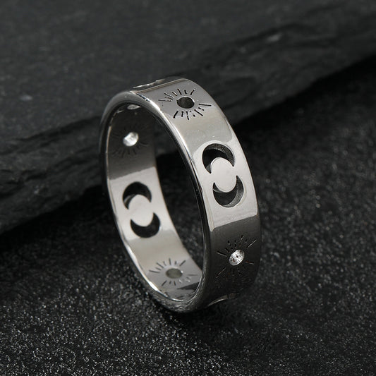 Fashionable titanium steel rings - cutout sun & moon design - gold-tone stainless steel couple jewelry