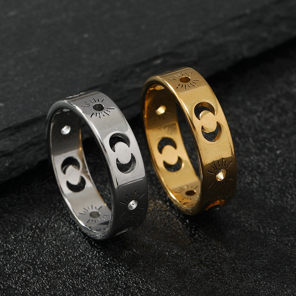 Fashionable titanium steel rings - cutout sun & moon design - gold-tone stainless steel couple jewelry