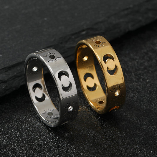 Fashionable titanium steel rings - cutout sun & moon design - gold-tone stainless steel couple jewelry