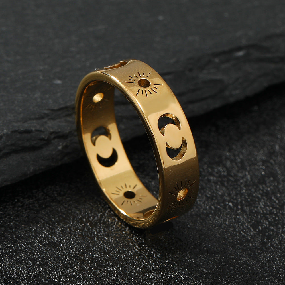Fashionable titanium steel rings - cutout sun & moon design - gold-tone stainless steel couple jewelry