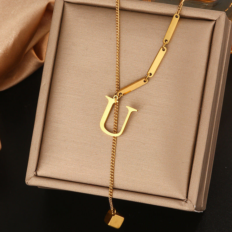 Stainless steel tassel choker necklace - women's european & american style 26 letter minimalist high-end necklace