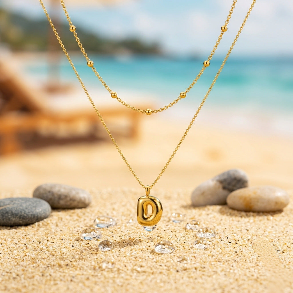 Vacuum plated stainless steel double layer ball clavicle chain 26 letter titanium steel necklace for women